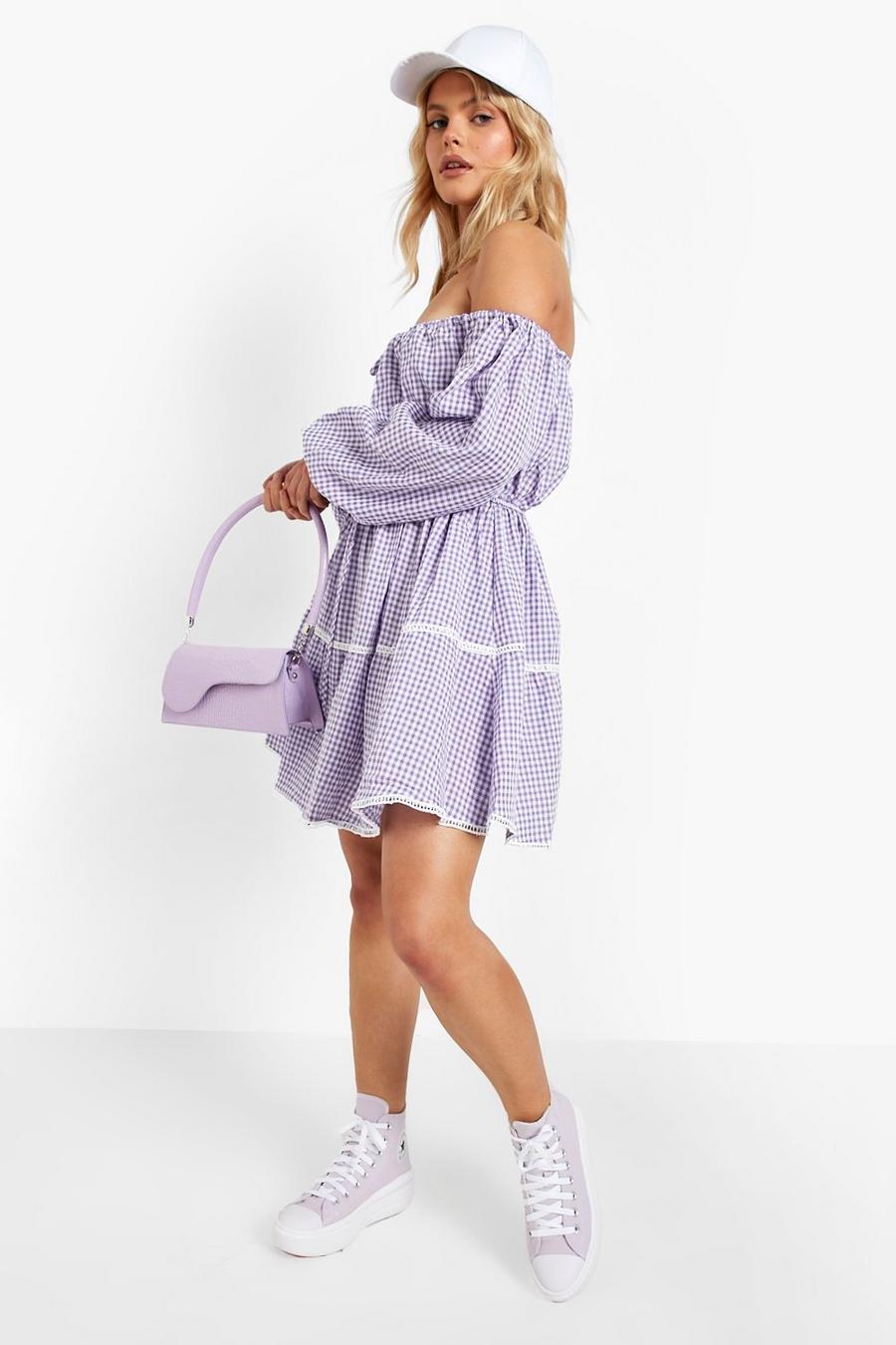 Lilac violet Gingham Puff Sleeve Smock Dress