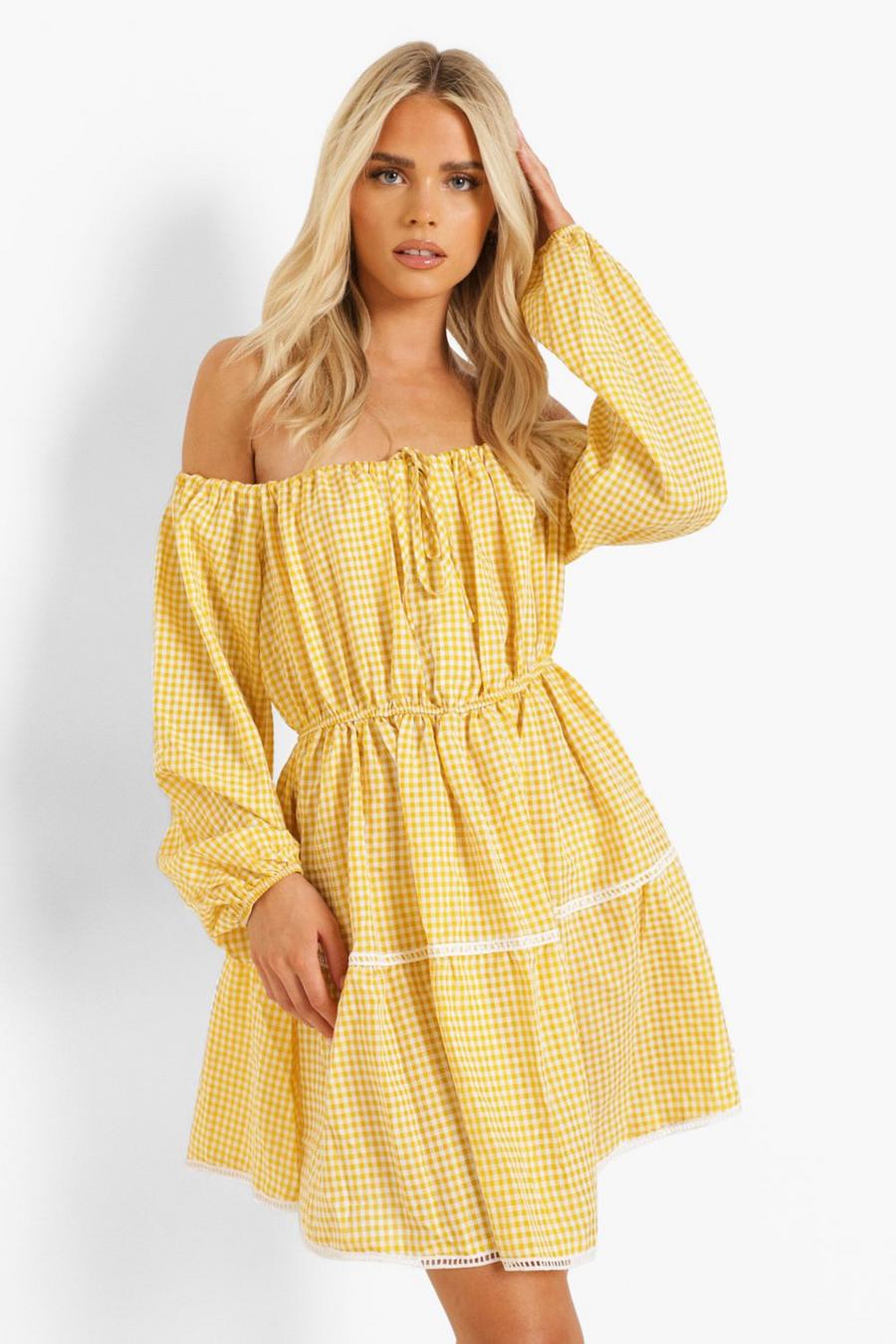 Yellow Gingham Puff Sleeve Smock Dress image number 1