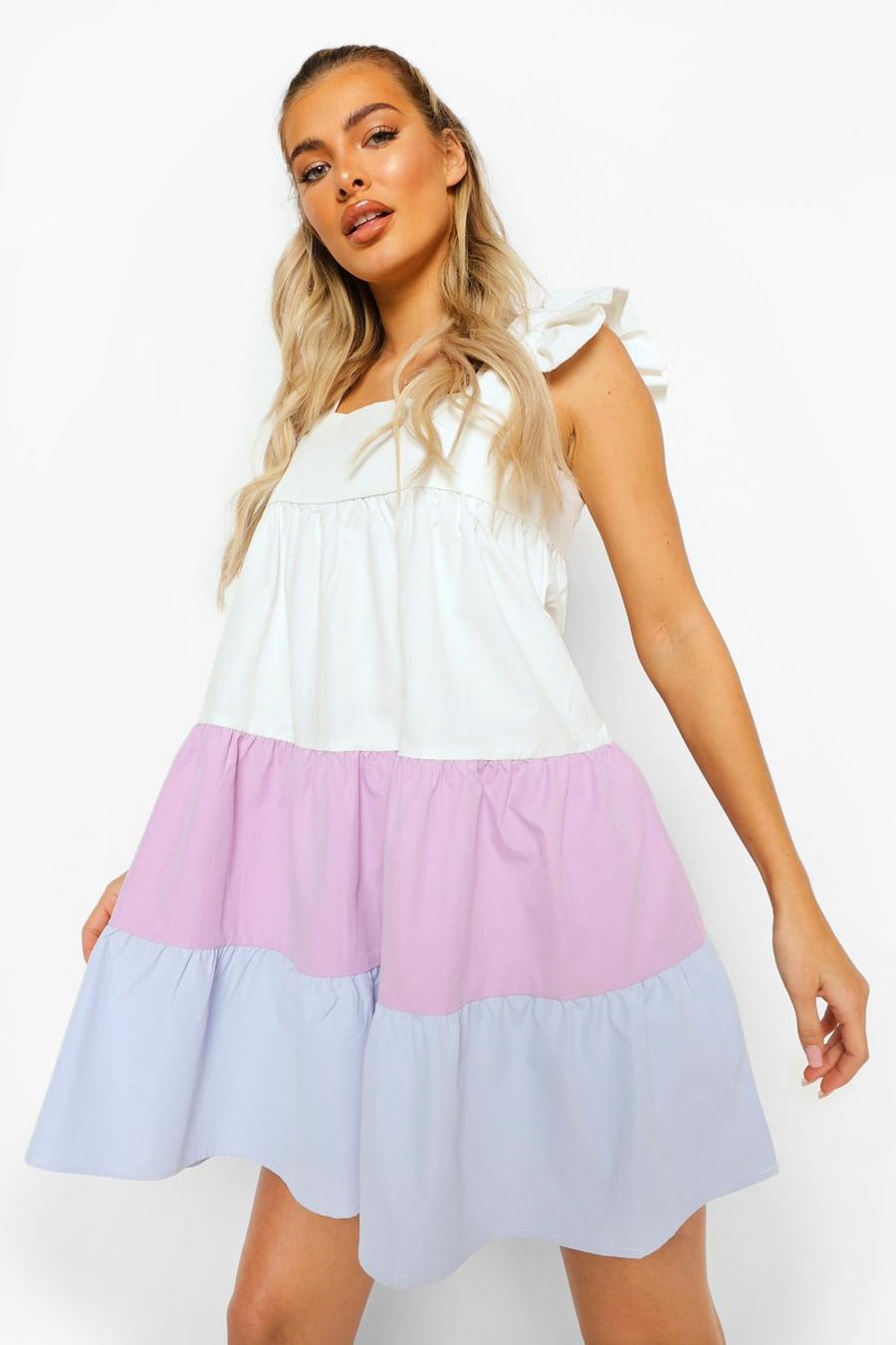 Lilac Colour Block Tiered Smock Dress image number 1