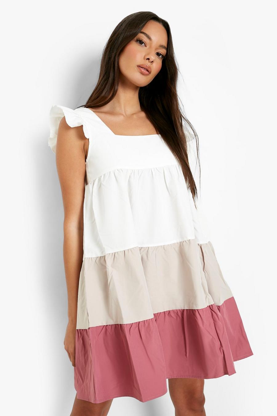 Pink Colour Block Tiered Smock Dress image number 1