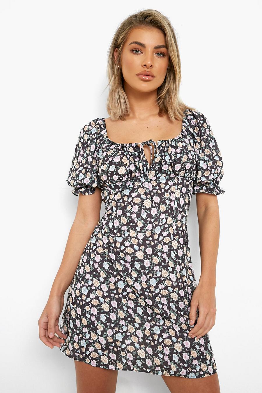 Black Ditsy Floral Cup Detail Swing Dress