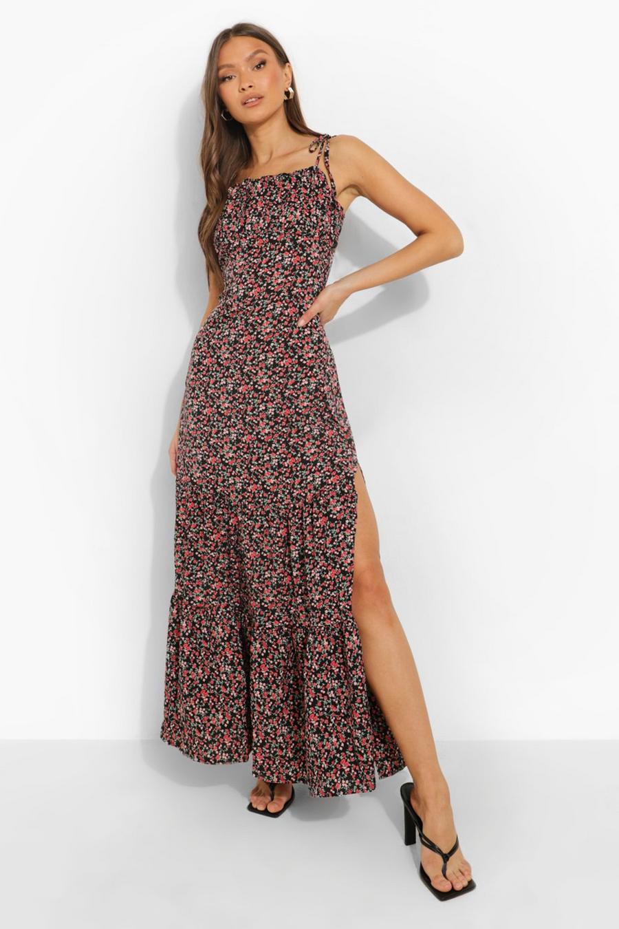 Black Ditsy Floral Gathered Bust Strappy Maxi Dress image number 1