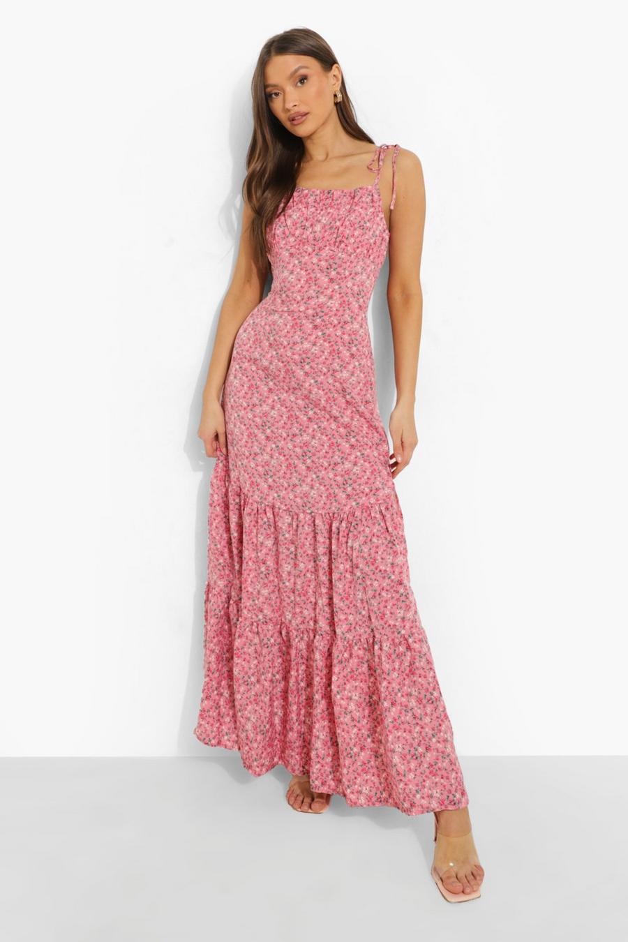 Pink Ditsy Floral Gathered Bust Strappy Maxi Dress image number 1