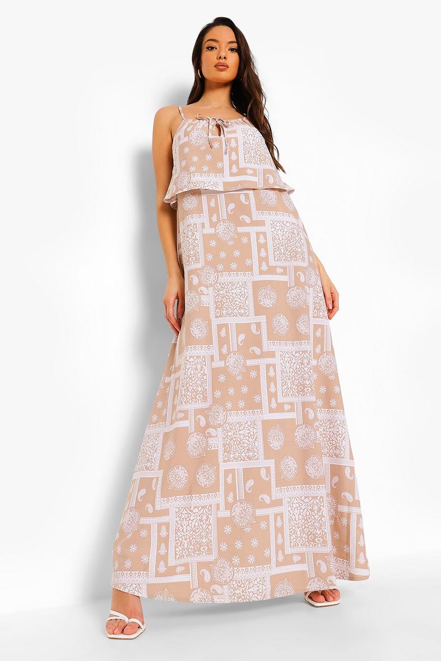 לבן שמלת מקסי עם צווארון קולר והדפס צעיף image number 1