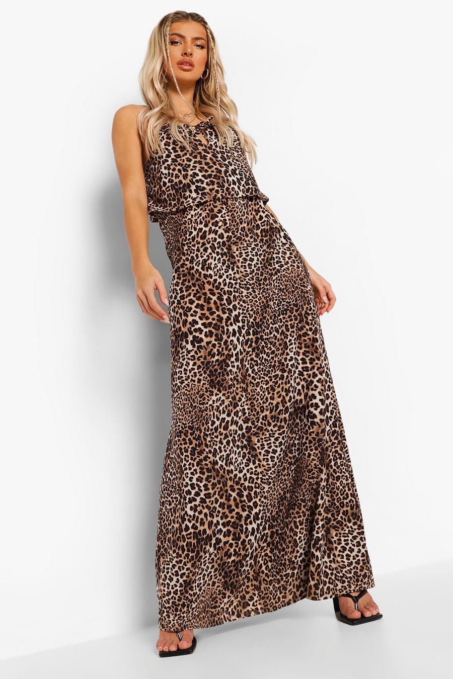 Brown Leopard Print Halter Maxi Dress image number 1