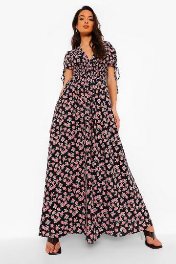 Ditsy Print Shirred Waist Maxi Dress black