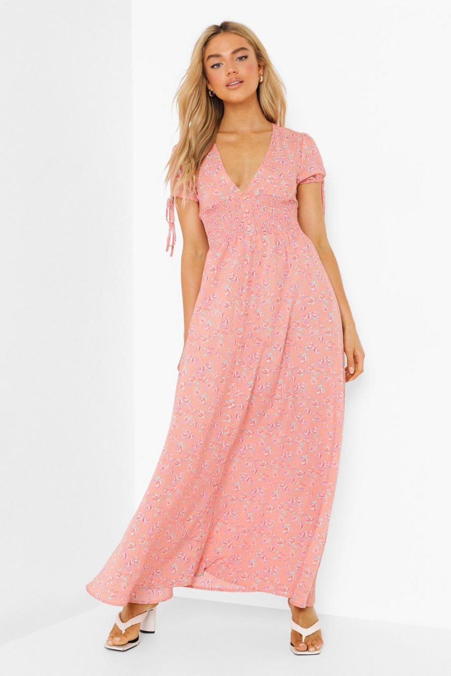 Coral pink Ditsy Print Shirred Waist Maxi Dress
