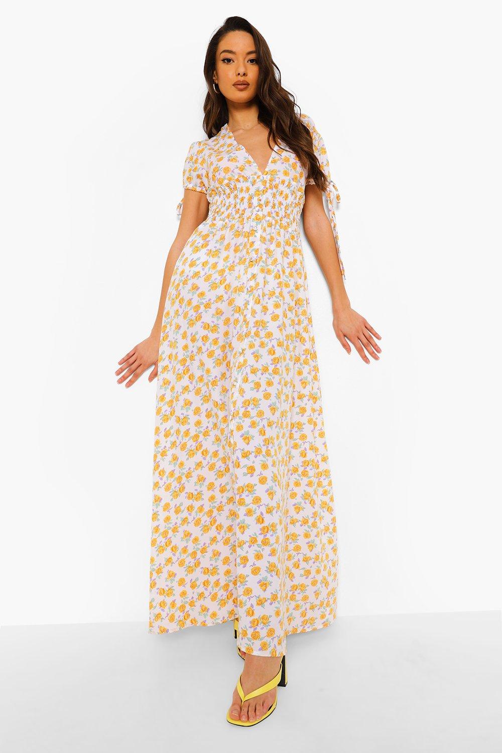 Ditsy Print Shirred Waist Maxi Dress