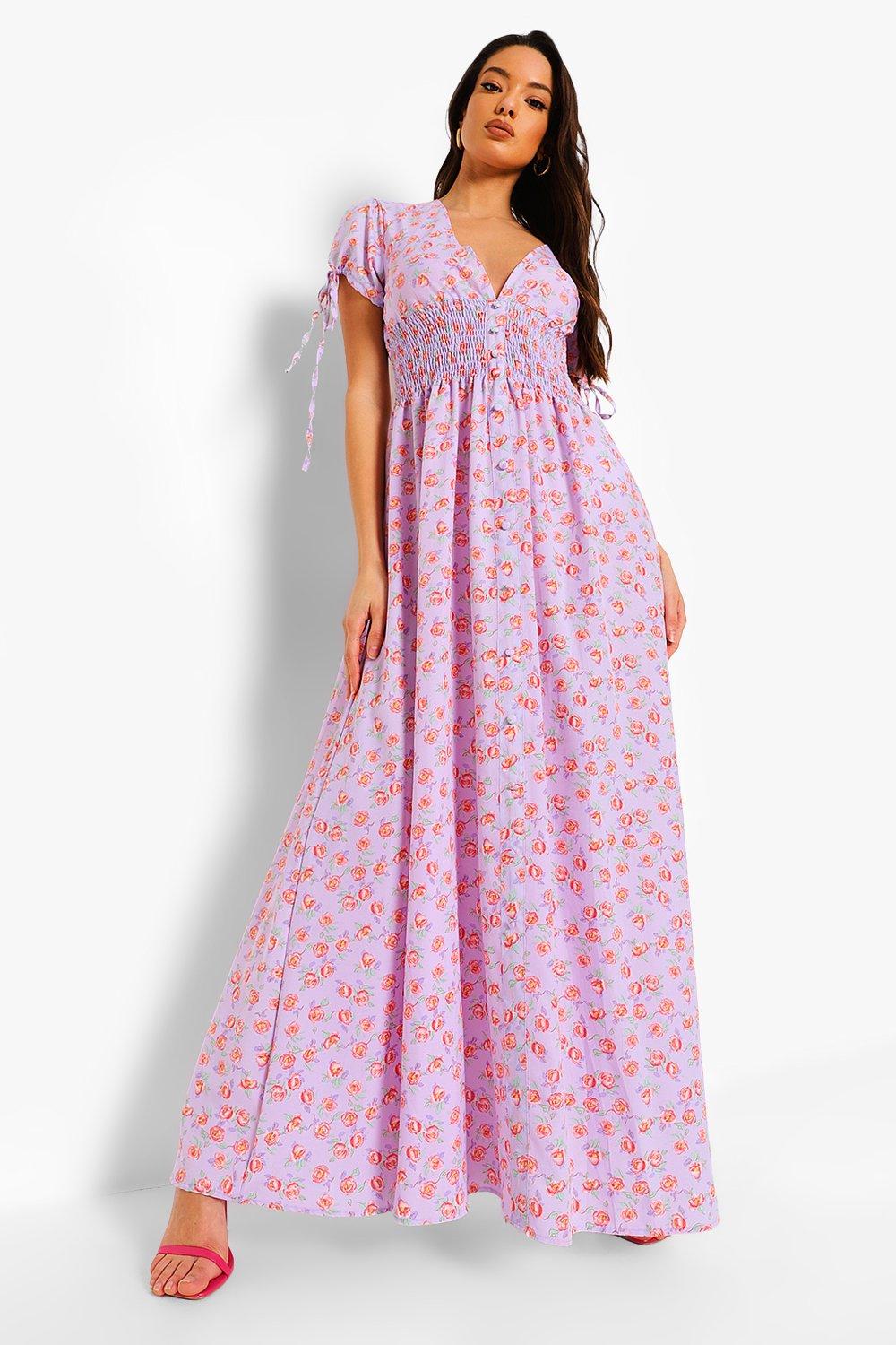 Ditsy Print Shirred Waist Maxi Dress