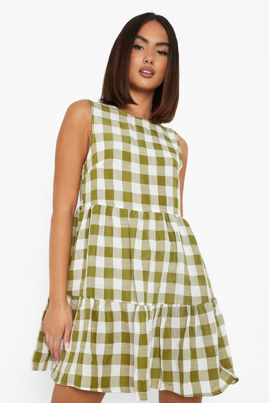 Green Gingham Sleeveless Tiered Smock Dress image number 1