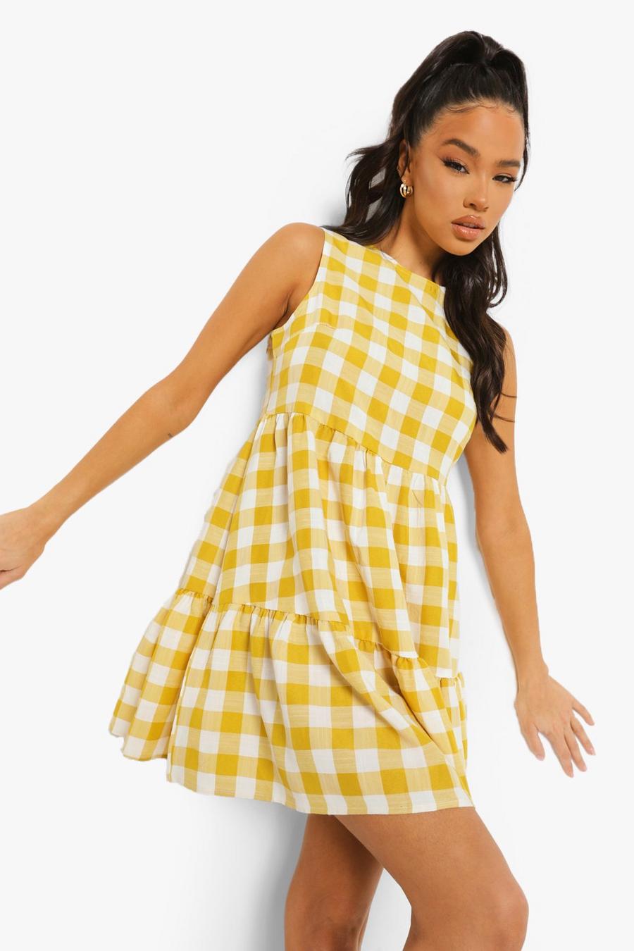 Mustard yellow Gingham Sleeveless Tiered Smock Dress