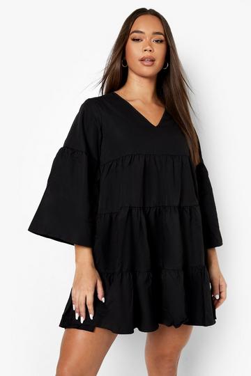 V Neck Tired Smock Dress black