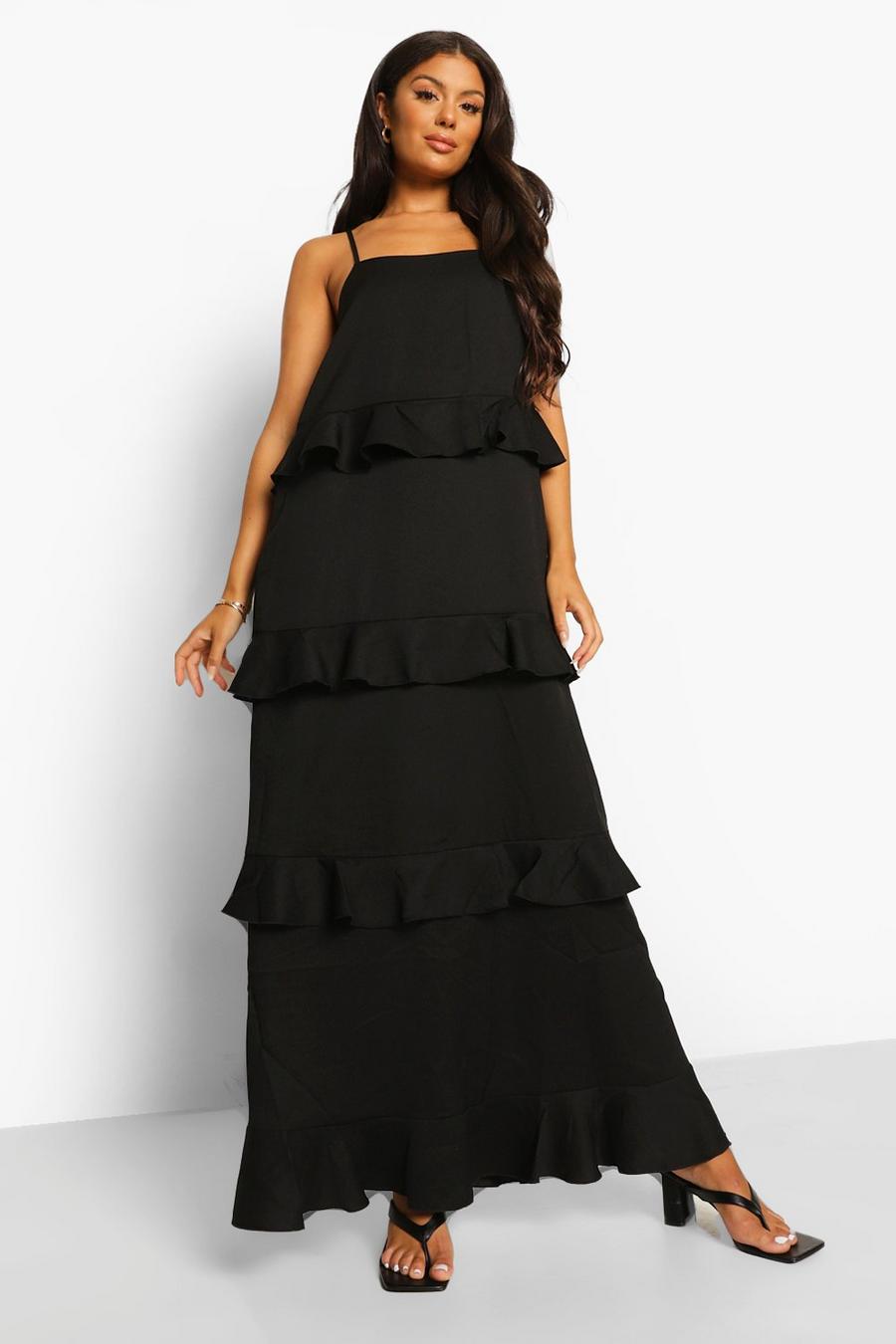 Black Strappy Tiered Ruffle Maxi Dress image number 1