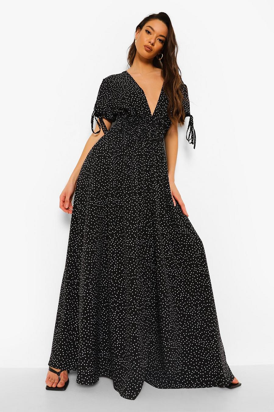 Black Polka Dot Shirred Waist Maxi Dress image number 1