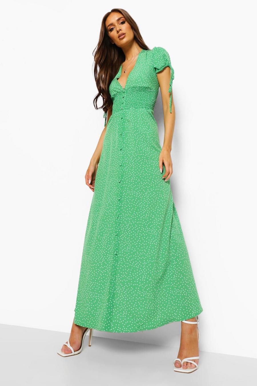 ירוק שמלת מקסי נקודות פולקה עם כיווצים במותניים