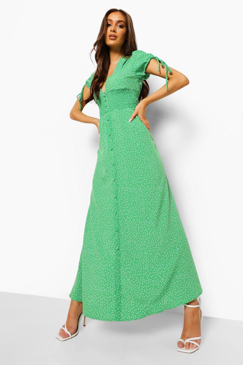 Polka Dot Shirred Waist Maxi Dress