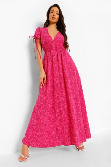 Pink Polka Dot Shirred Waist Maxi Dress
