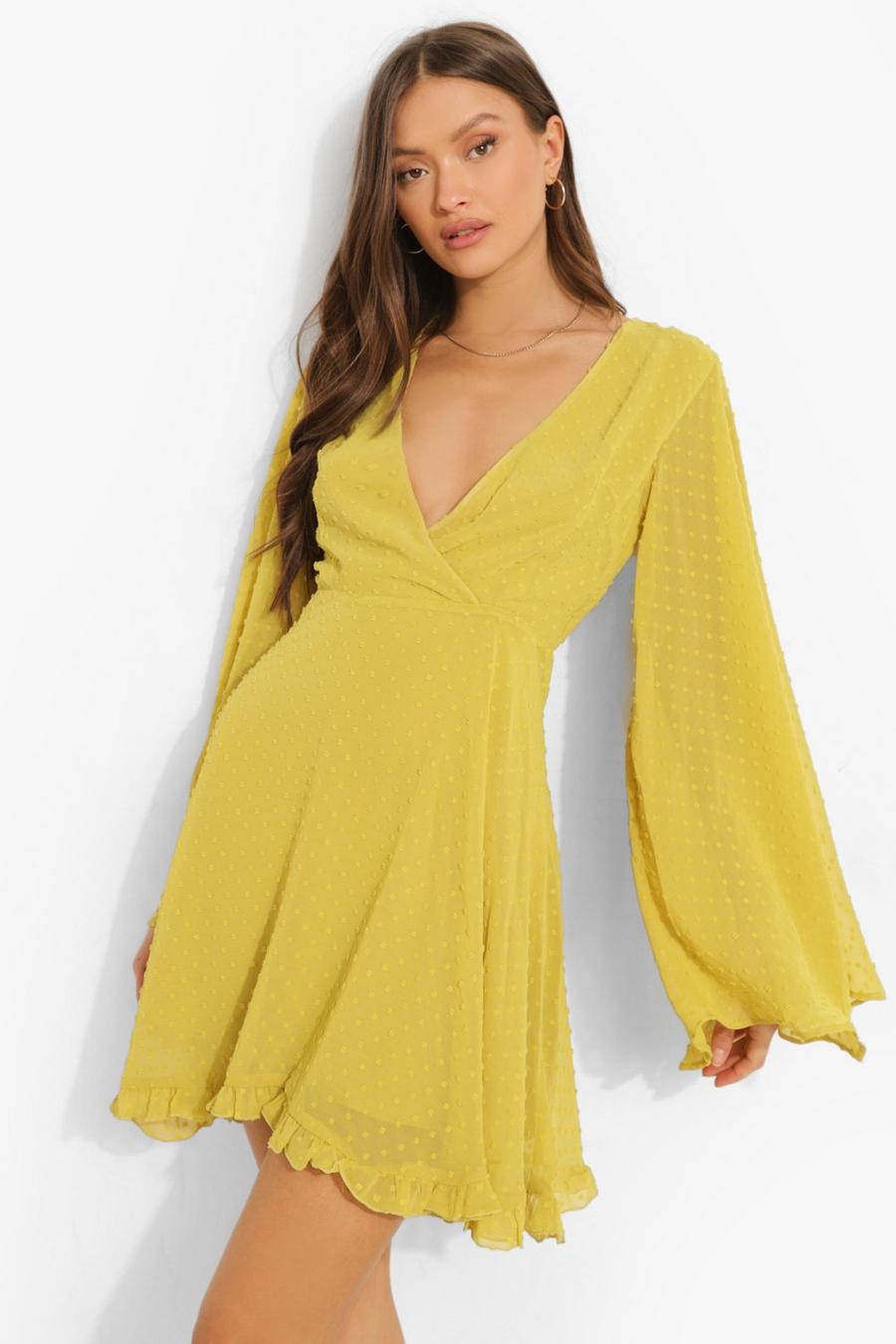 Chartreuse Dobby Chiffon Wide Sleeve Skater Dress image number 1