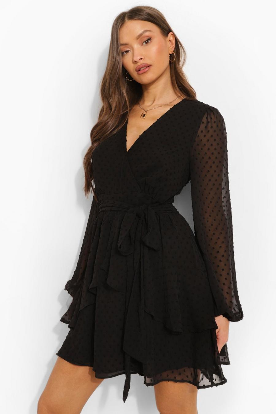 Black שמלת מיני שיפון דובי עם מכפלת מלמלה image number 1