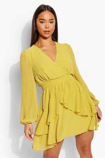 Chartreuse Yellow Ruffle Hem Dobby Chiffon Mini Dress