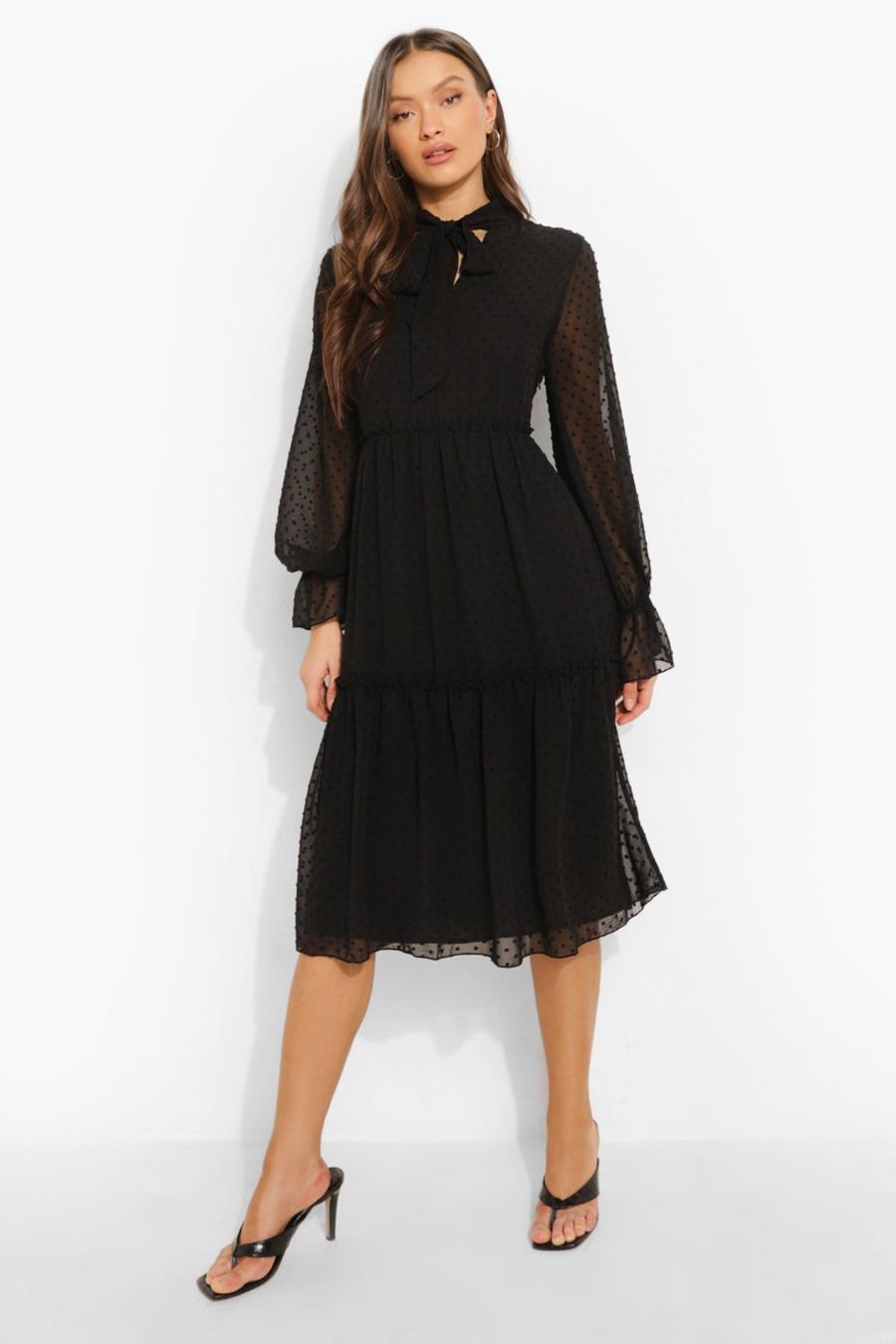 Black Dobby Mesh Pussy Bow Tiered Smock Midi Dress image number 1
