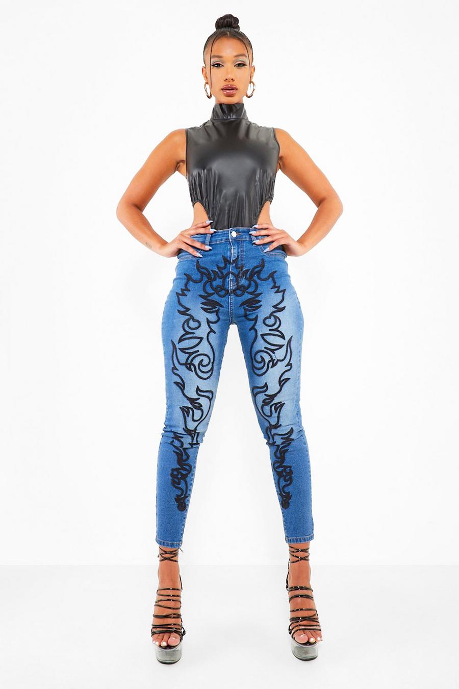 Super Skinny Jeans mit Stickerei im Western Stil und Reißverschluss, Mittelblau image number 1