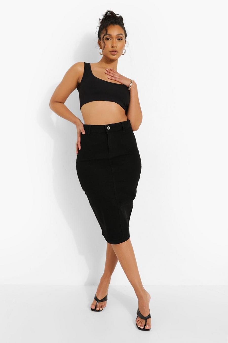 Black Stretch Denim Midi Skirt image number 1