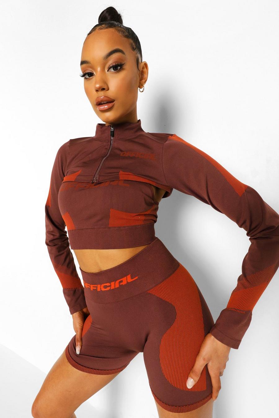 Chocolate Ofcl Seamfree Contour Extreme Crop Zip Up Top image number 1