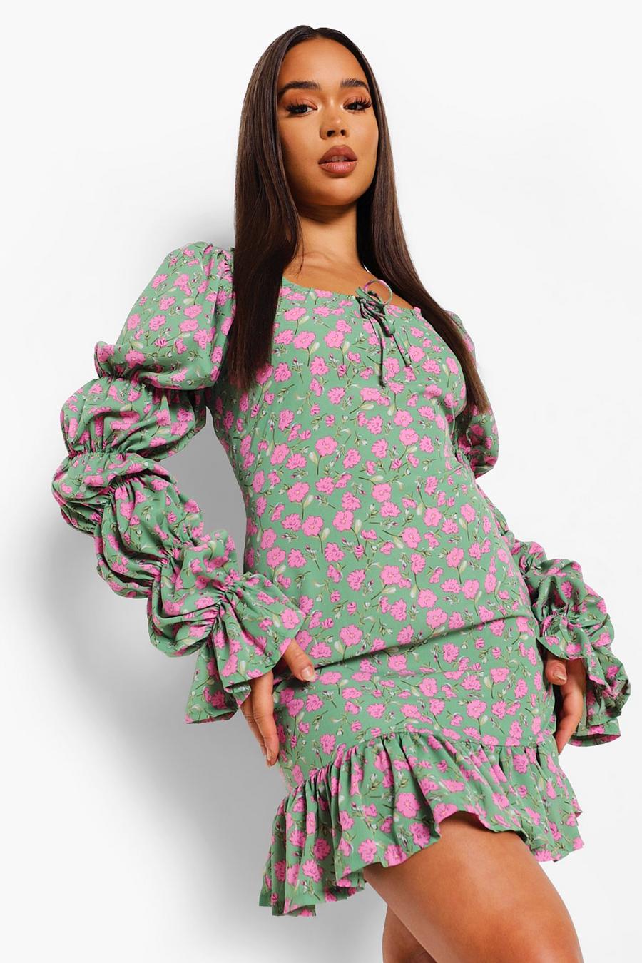 Green Floral Print Puff Sleeve Drop Hem Mini Dress image number 1