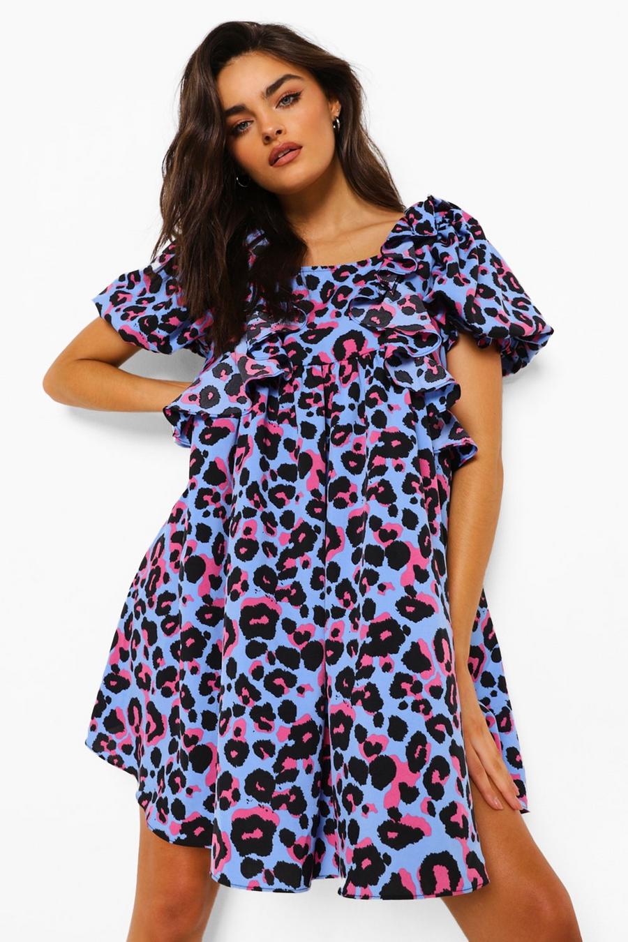 Vestido estilo blusón con volantes, escote cuadrado y estampado de leopardo, Azul image number 1