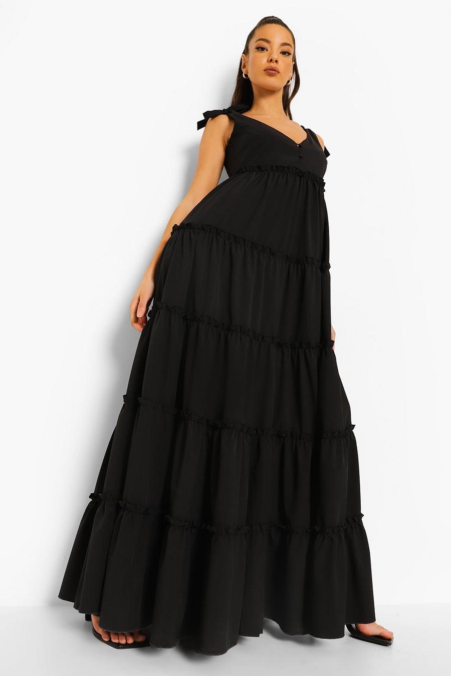 Black Tiered Hem Strap Detail Maxi Dress image number 1