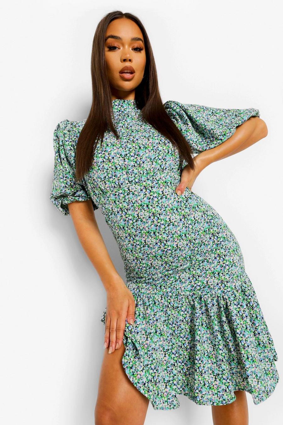 Green Floral Print Extreme Puff Sleeve Midi Dress image number 1