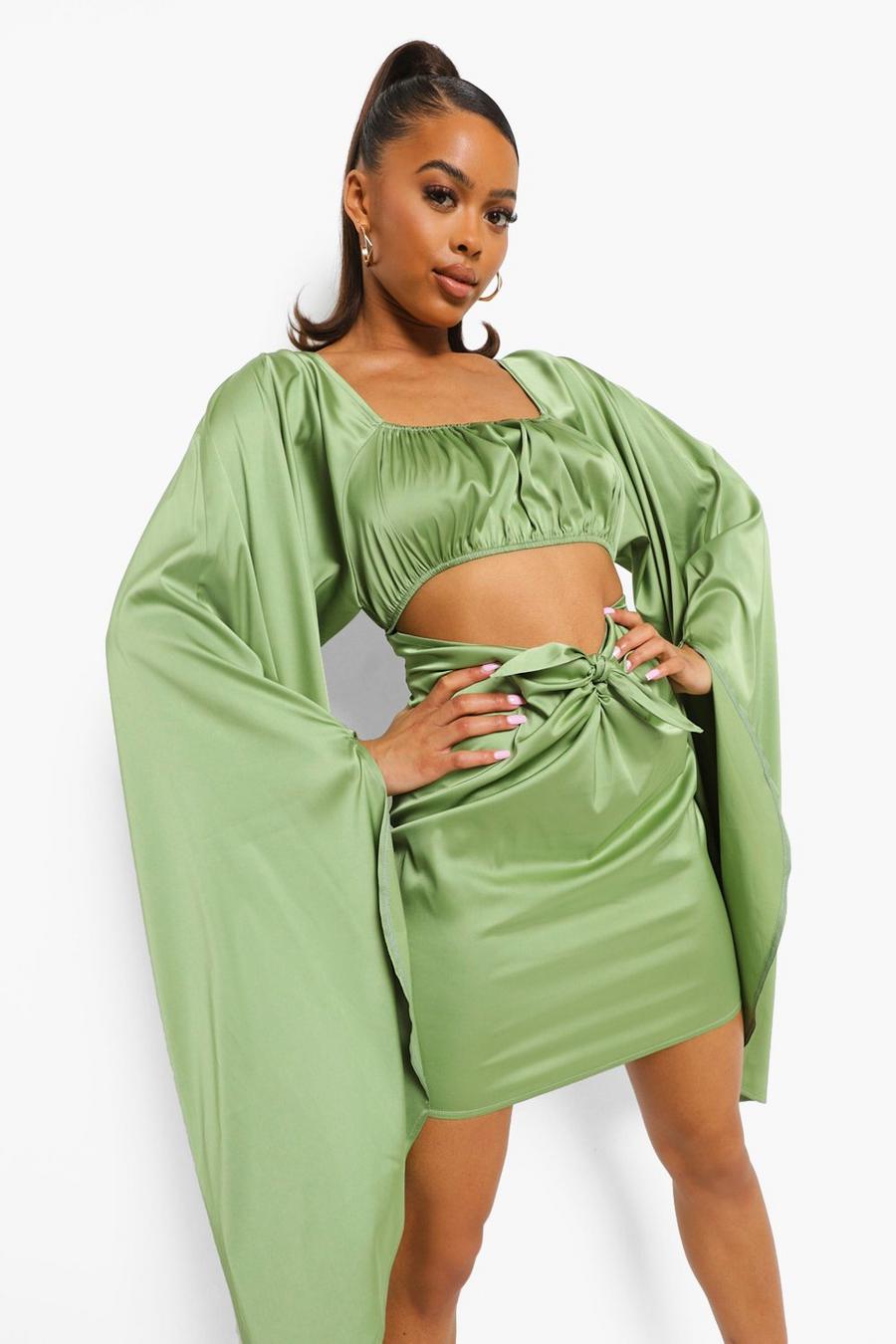 Green Draped Sleeve Open Back Mini Dress image number 1