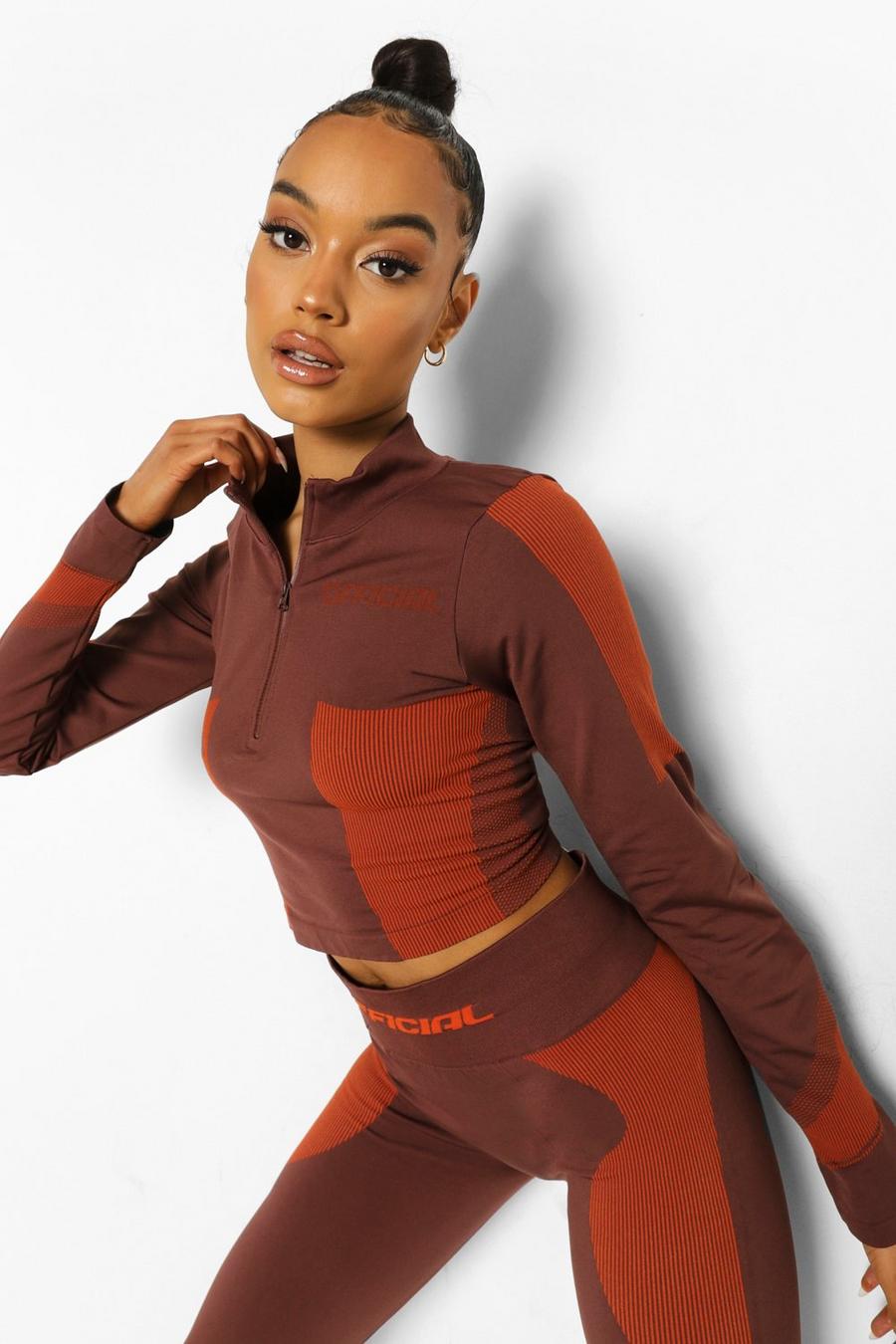 Chocolate brown Ofcl Seamfree Contour 1/2 Zip Up Top image number 1