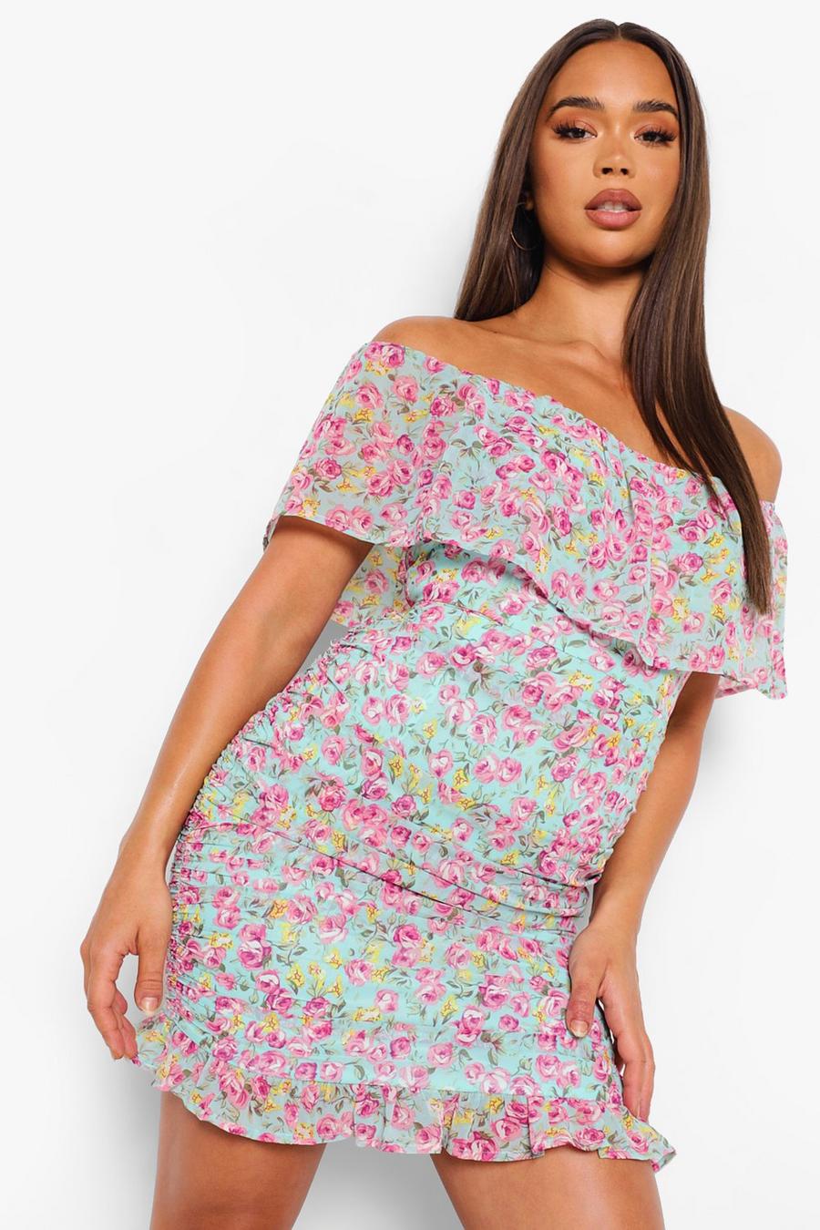 Turquoise blue Rose Print Off The Shoulder Ruffle Mini Dress image number 1