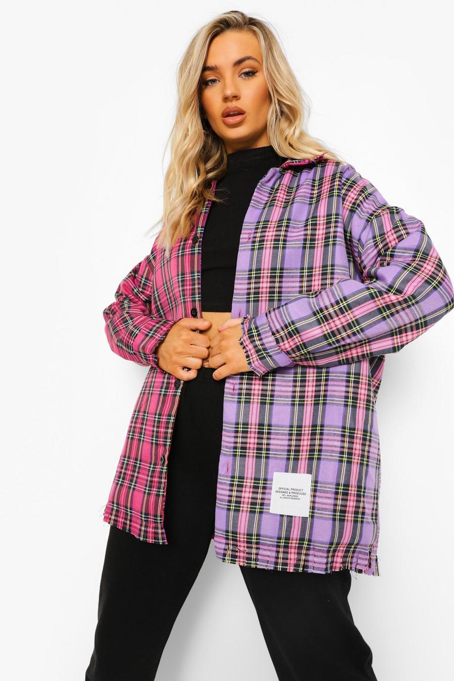 Pink Contrast Checked Padded Oversized Shirt image number 1
