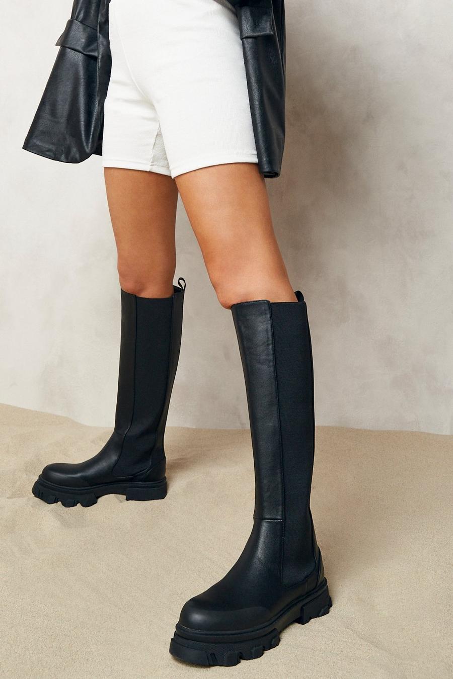 Black Chunky Cleated Sole Knee High Chelsea Boots image number 1