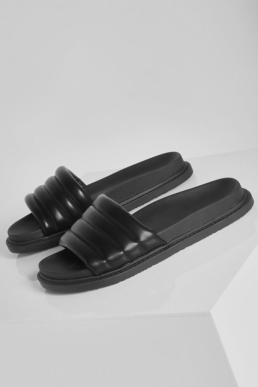 Black Stevige Gewatteerde Slippers Met Stiksels image number 1