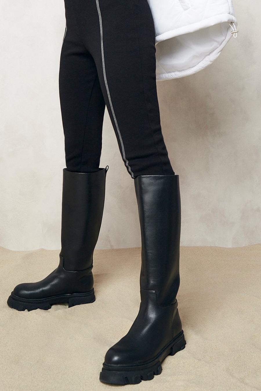 Black Pull On Chunky Knee High Boots image number 1