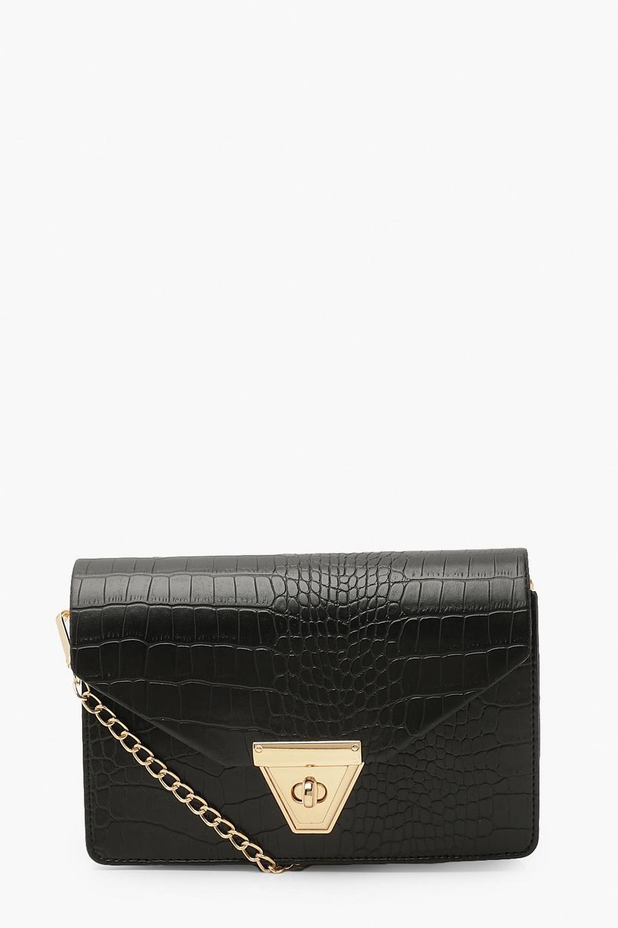 Black Envelope Croc Cross Body Bag And Chain image number 1