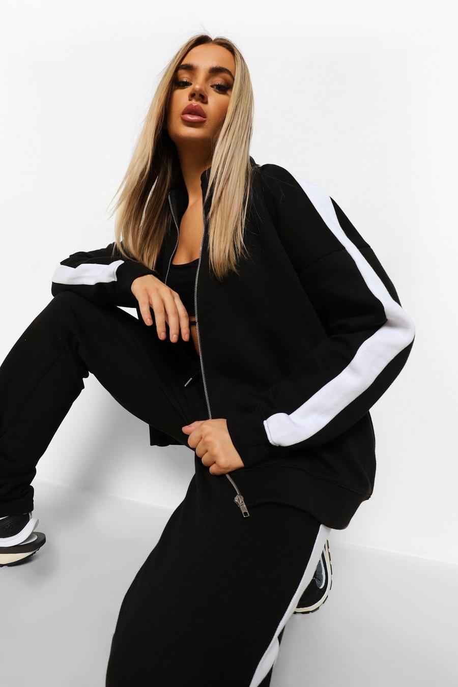 Black Colour Block Funnel Neck Zip Tracksuit image number 1