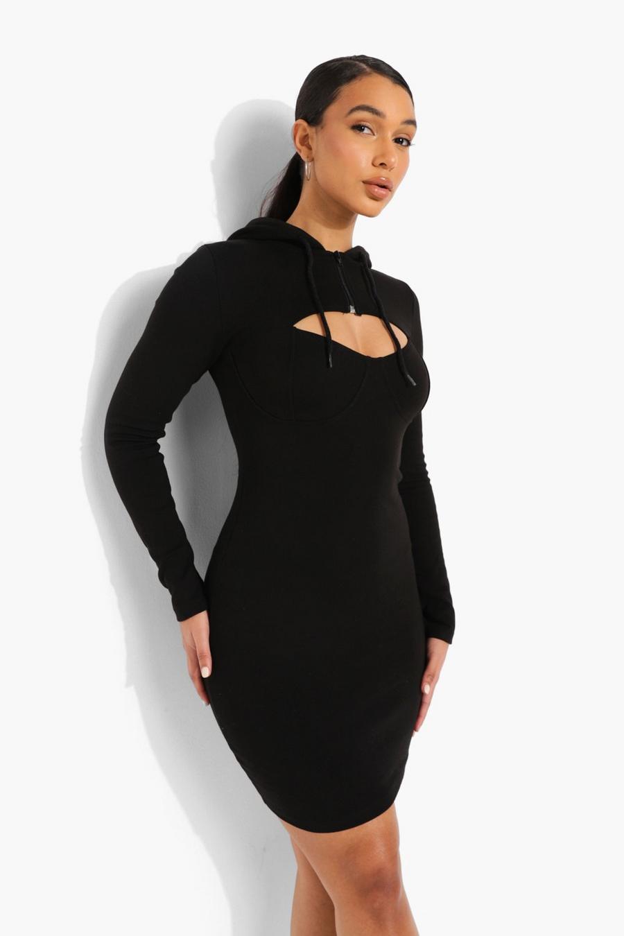 Black Sweatshirtklänning med huva, cut-out och kort dragkedja image number 1