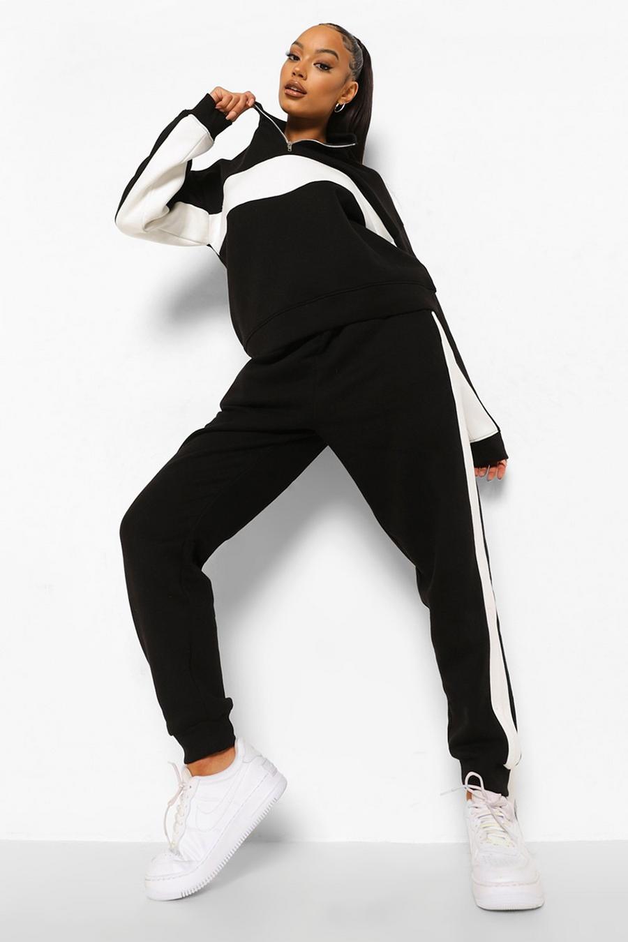 Slim Fit Trainingsanzug im Colorblock-Design mit halblangem Reißverschluss , Schwarz image number 1