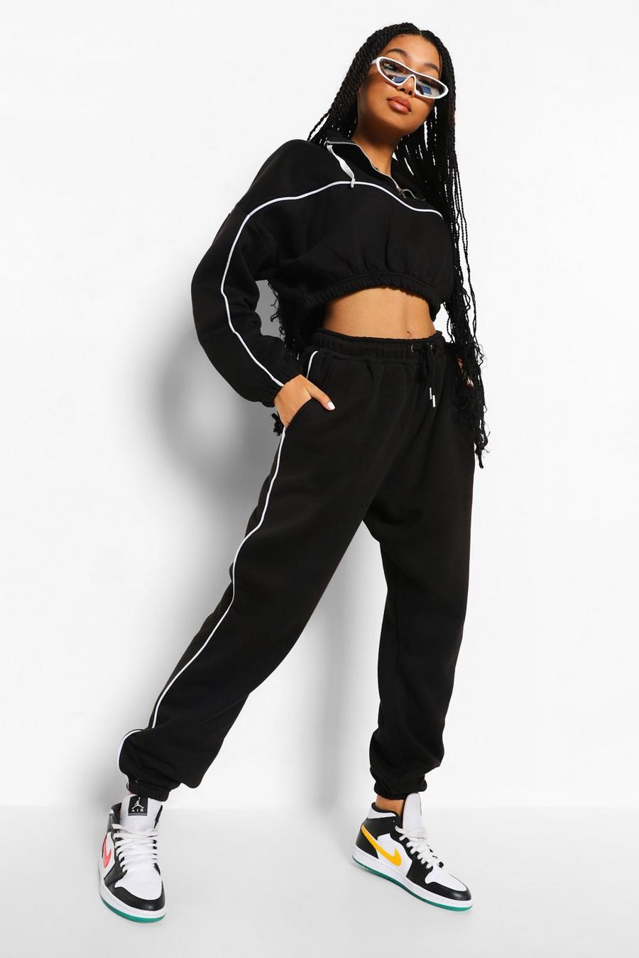 Black Piping Detail Funnel Neck Tracksuit image number 1