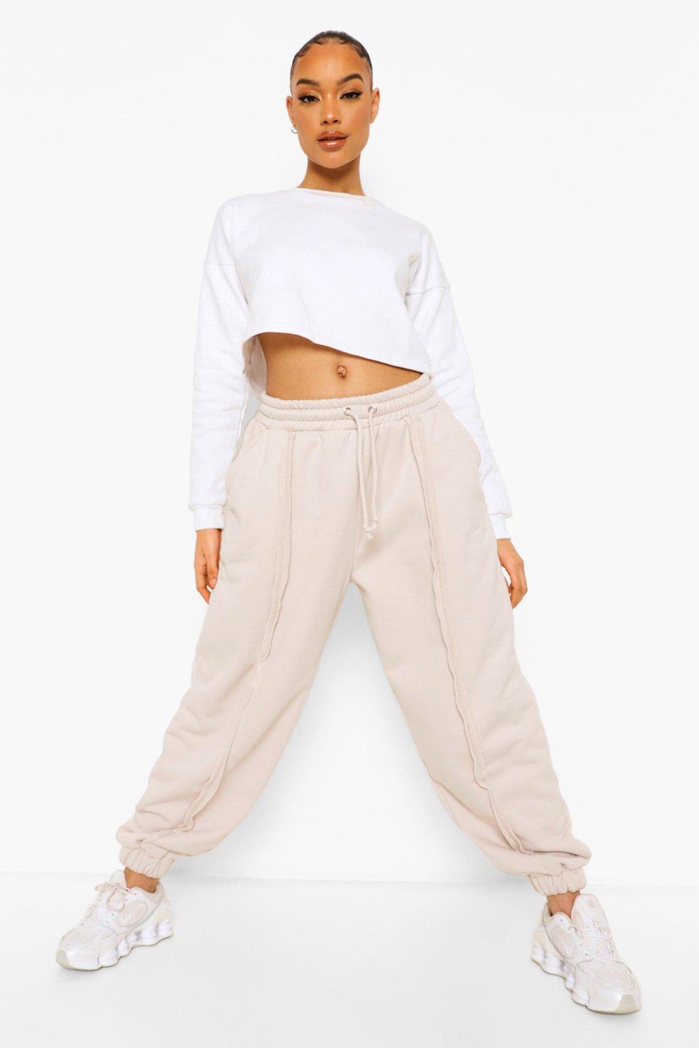 Beige Exposed Seam Oversized Joggers