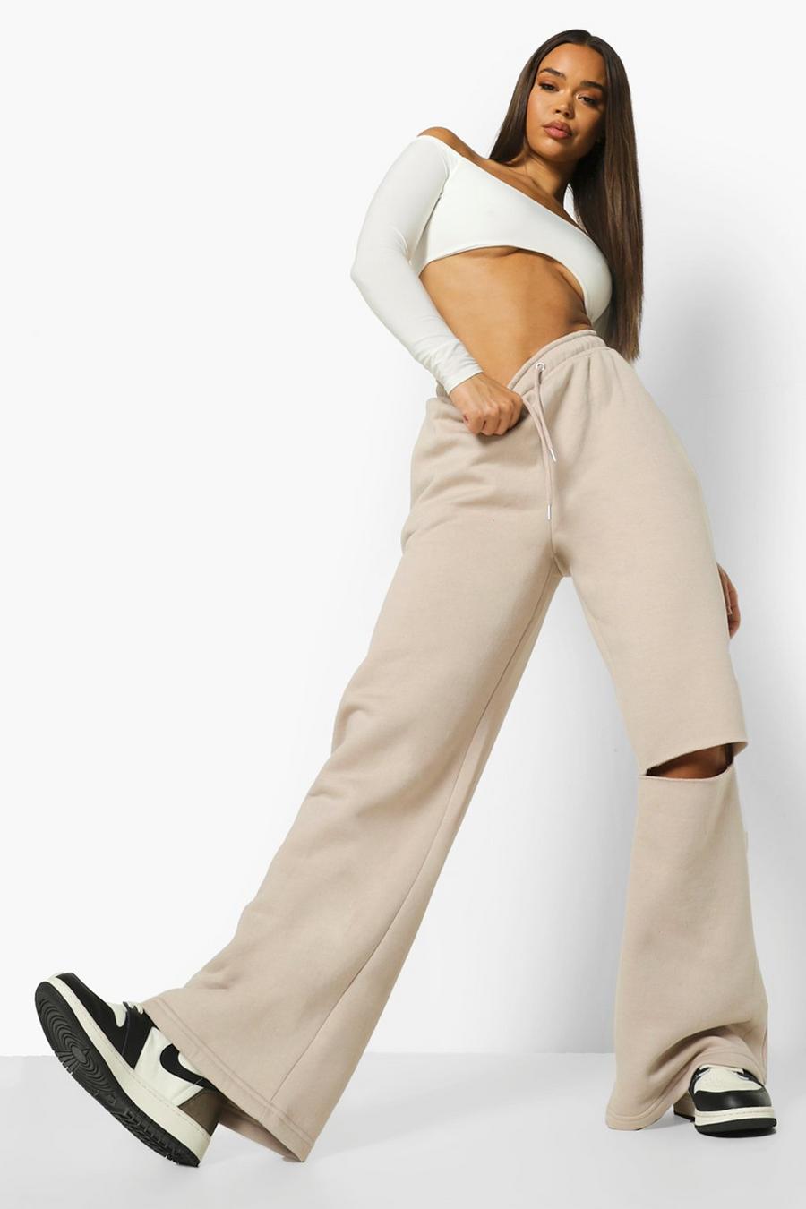 Pantaloni tuta palazzo con spacco al ginocchio, Sabbia image number 1