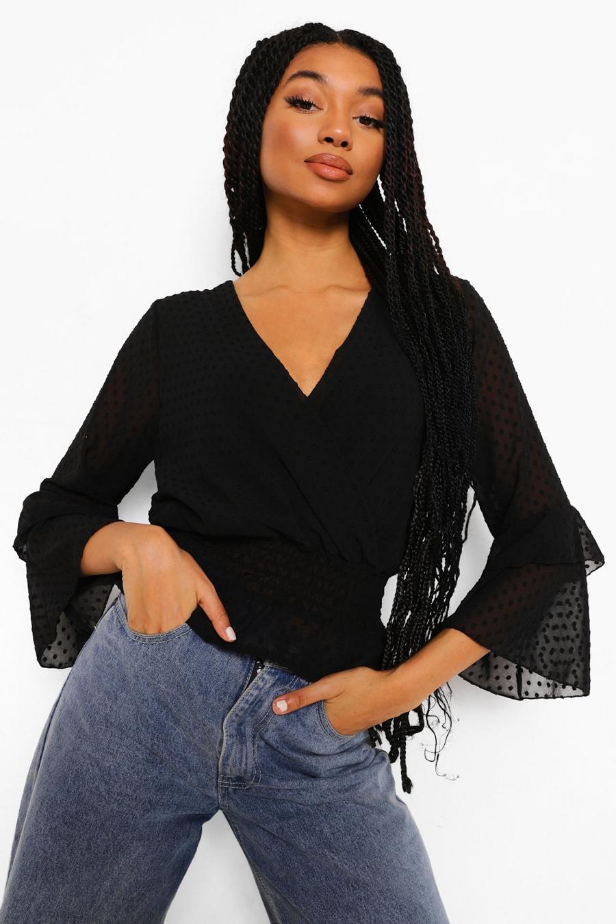Black Woven Ruffle Wrap Top image number 1