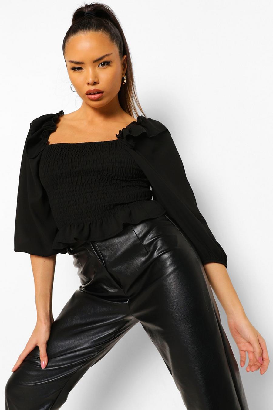 Black Woven Shirred Ruffle Top image number 1