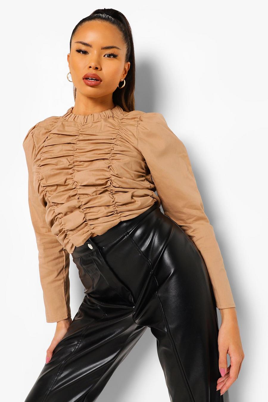 Camel Woven Ruched Long Sleeve Top image number 1