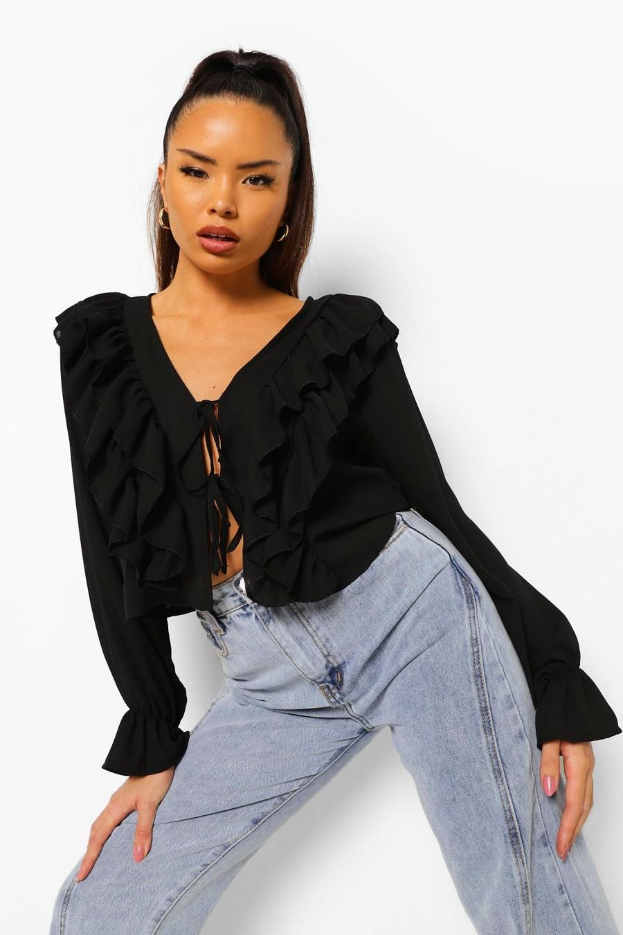 Black Woven Ruffle Tie Detail Blouse image number 1